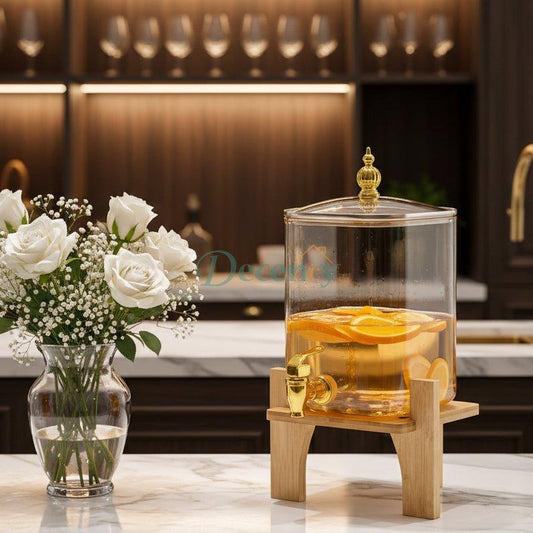 Square Luxury Glass Beverage Dispenser with Wooden Stand