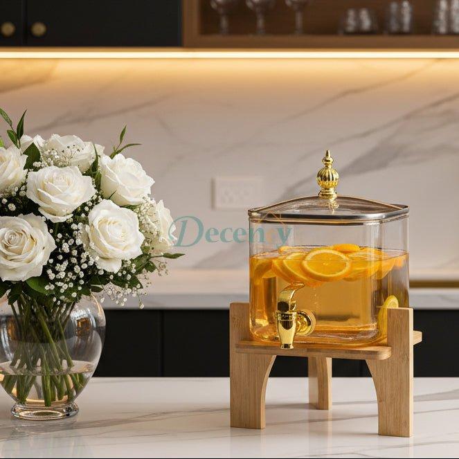 Square Luxury Glass Beverage Dispenser with Wooden Stand