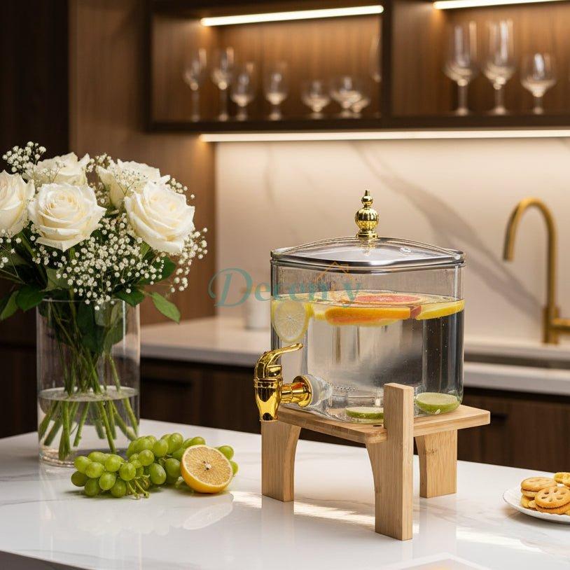 Luxury Square Black Glass Beverage Dispenser with Wooden Stand