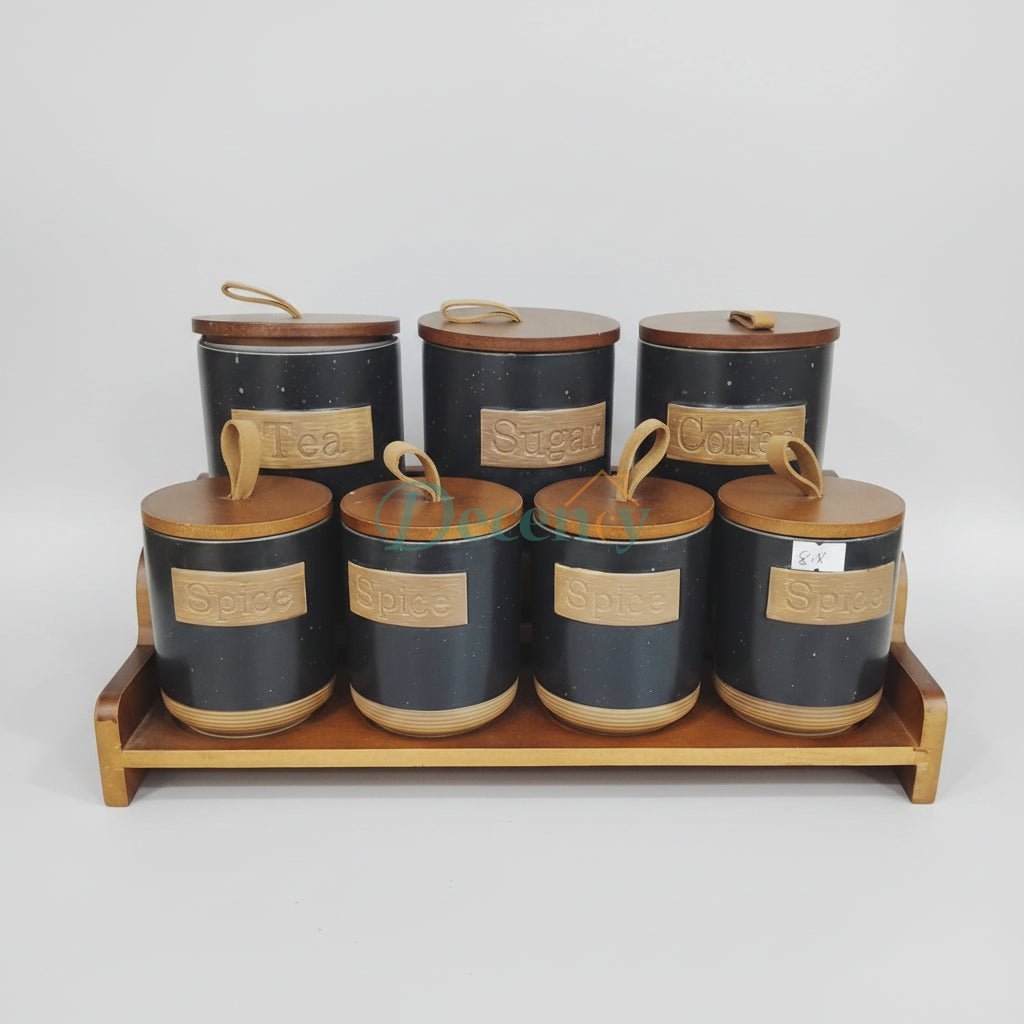 7-Piece Ceramic Kitchen Storage Jar Set with Wooden Lids & Tray