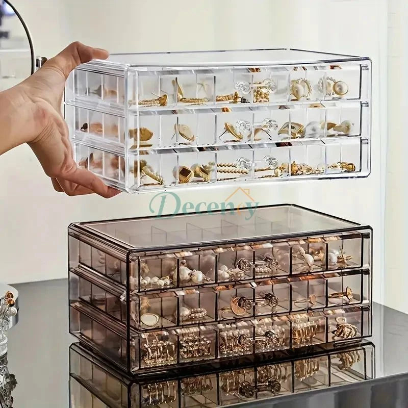 acrylic jewelry organizer, 3 tier storage box, 72 compartment earring holder, ring organizer, clear jewelry case, stackable acrylic drawers