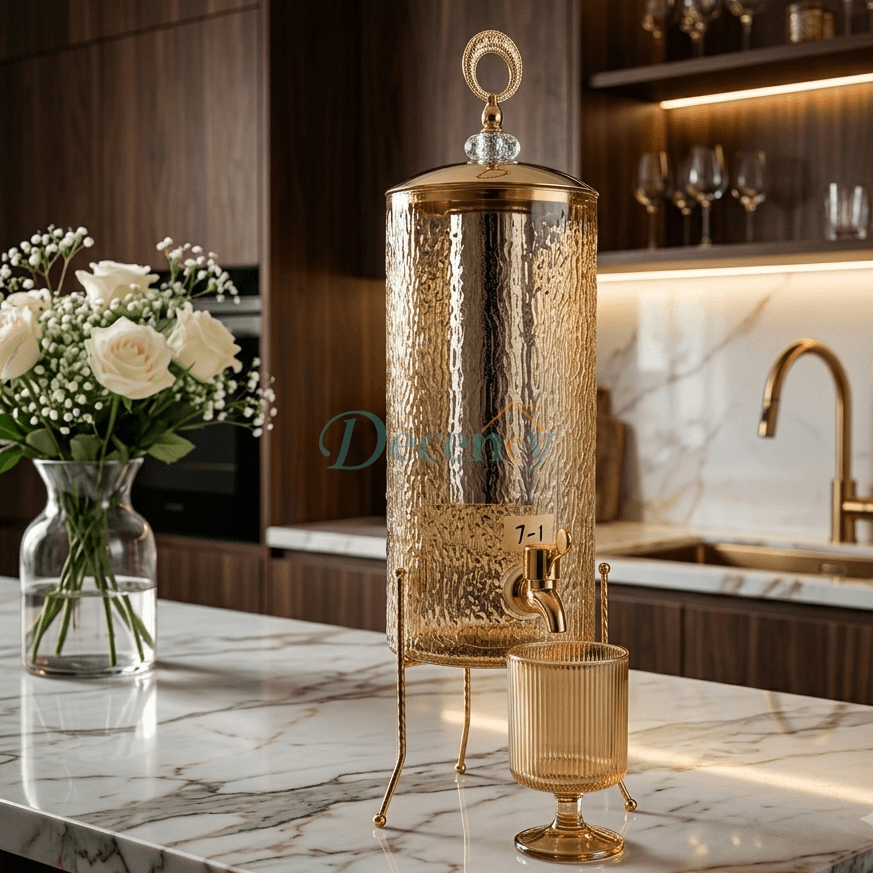 Close-up of gold leak-proof tap spigot attached to a fluted amber glass beverage dispenser.