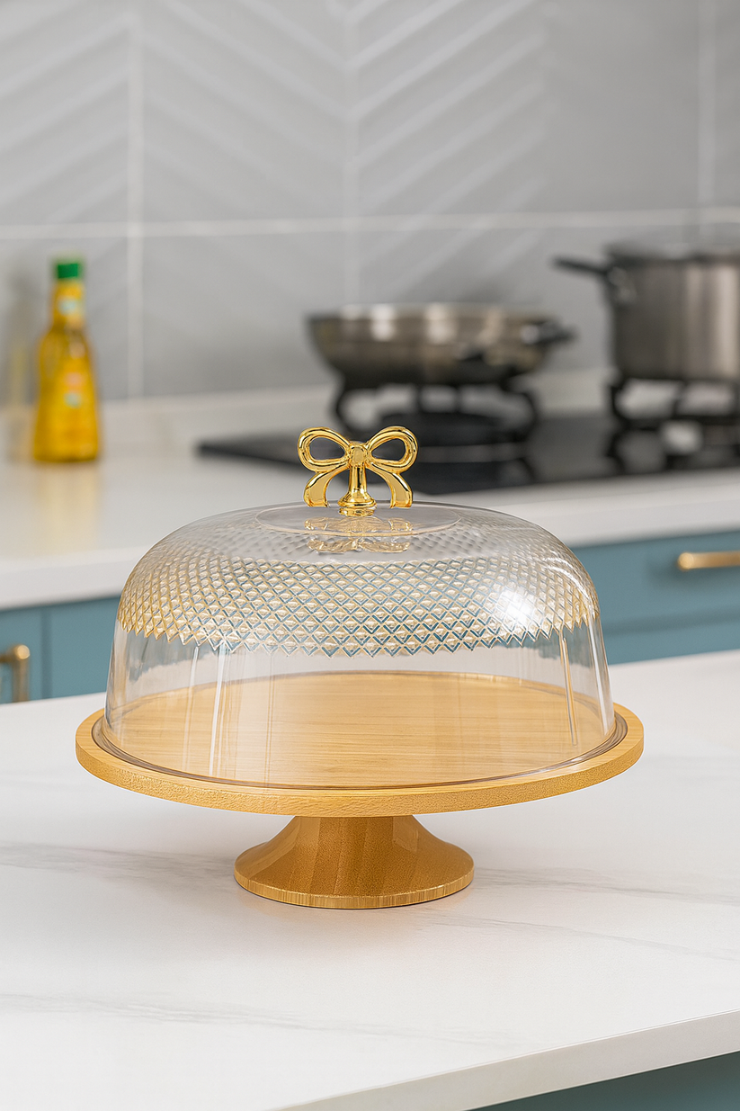 Cake Dish with Acrylic Cover – Bamboo Wooden Base