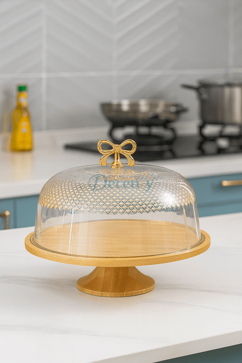 Cake Dish with Acrylic Cover – Bamboo Wooden Base