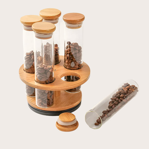 Bamboo Rotating Glass Tube Spice Rack with Stand