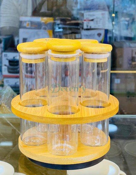 Bamboo Rotating Glass Tube Spice Rack with Stand