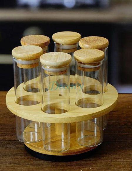 Bamboo Rotating Glass Tube Spice Rack with Stand