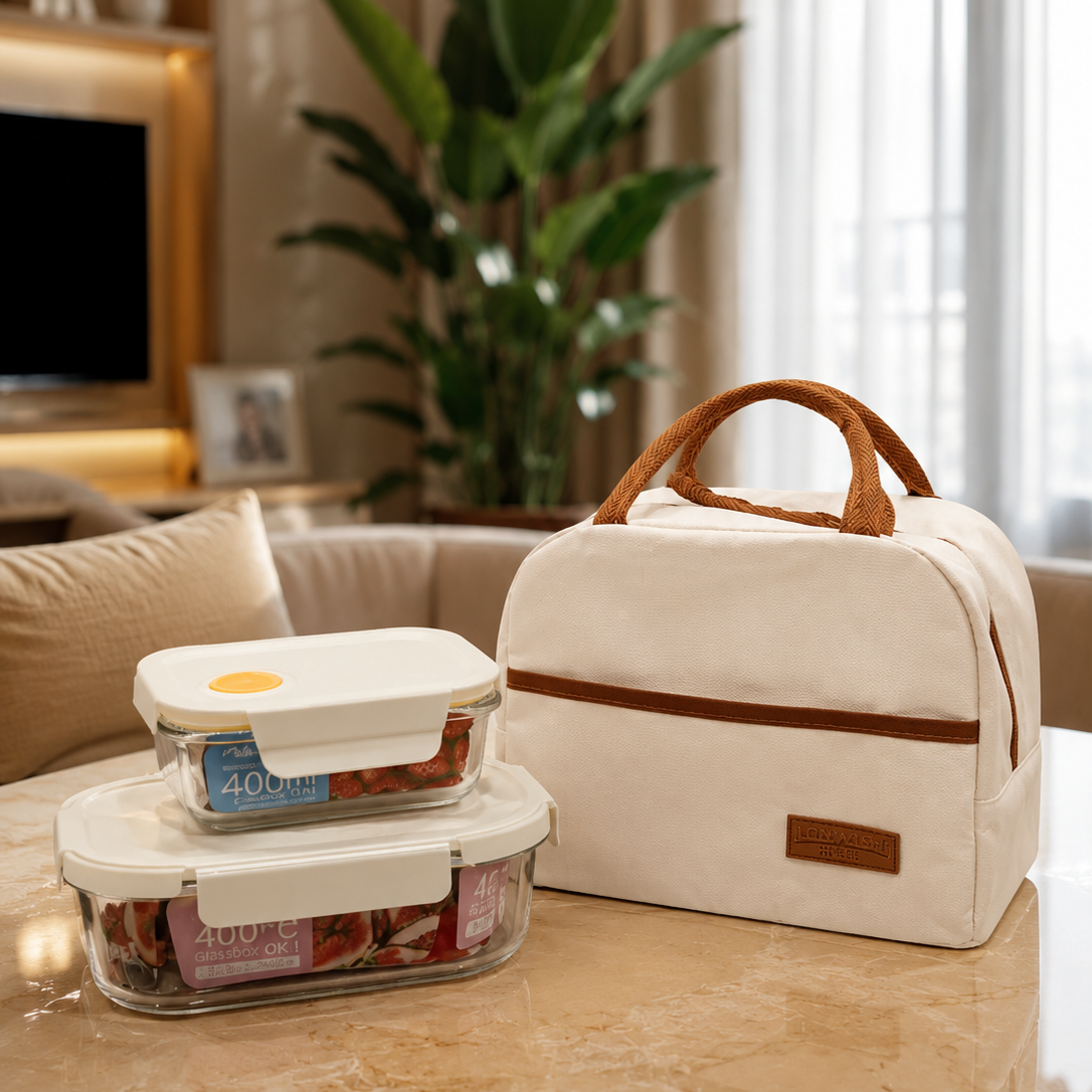 Beige insulated lunch bag placed beside two stacked glass food containers on a marble table