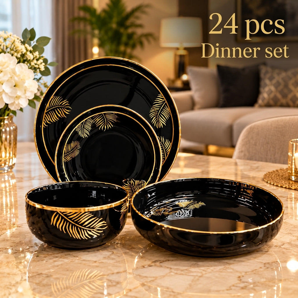 Luxury 24 pcs black and gold ceramic dinner set displayed on a marble table