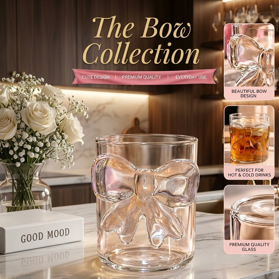 Clear aesthetic bow glass cup displayed on a marble kitchen countertop