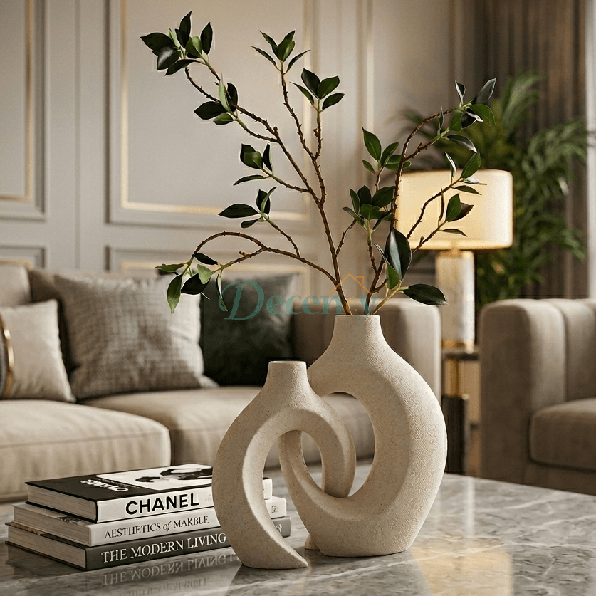 CasaHalo white ceramic ring vase set displayed on a modern living room coffee table