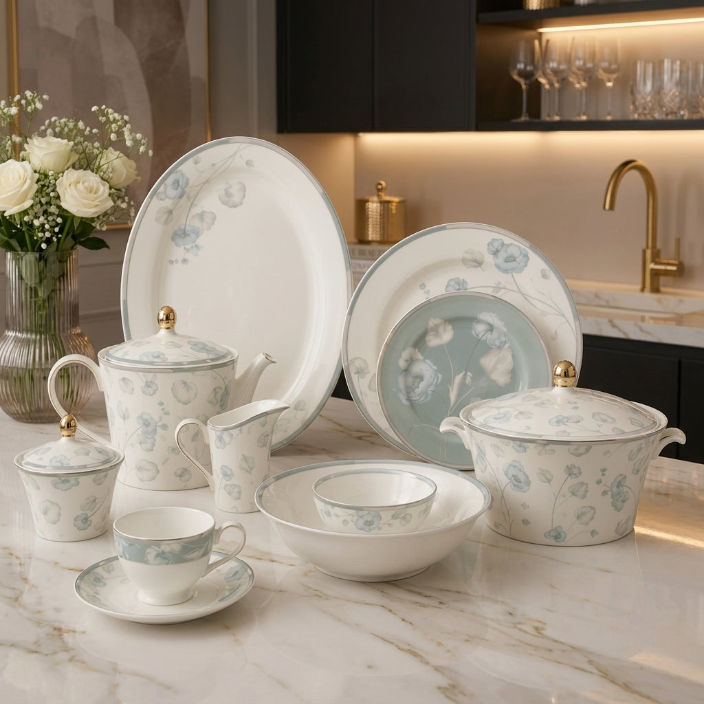 Complete 61-piece Celestial Bloom fine bone china dinner set displayed on a marble dining table.