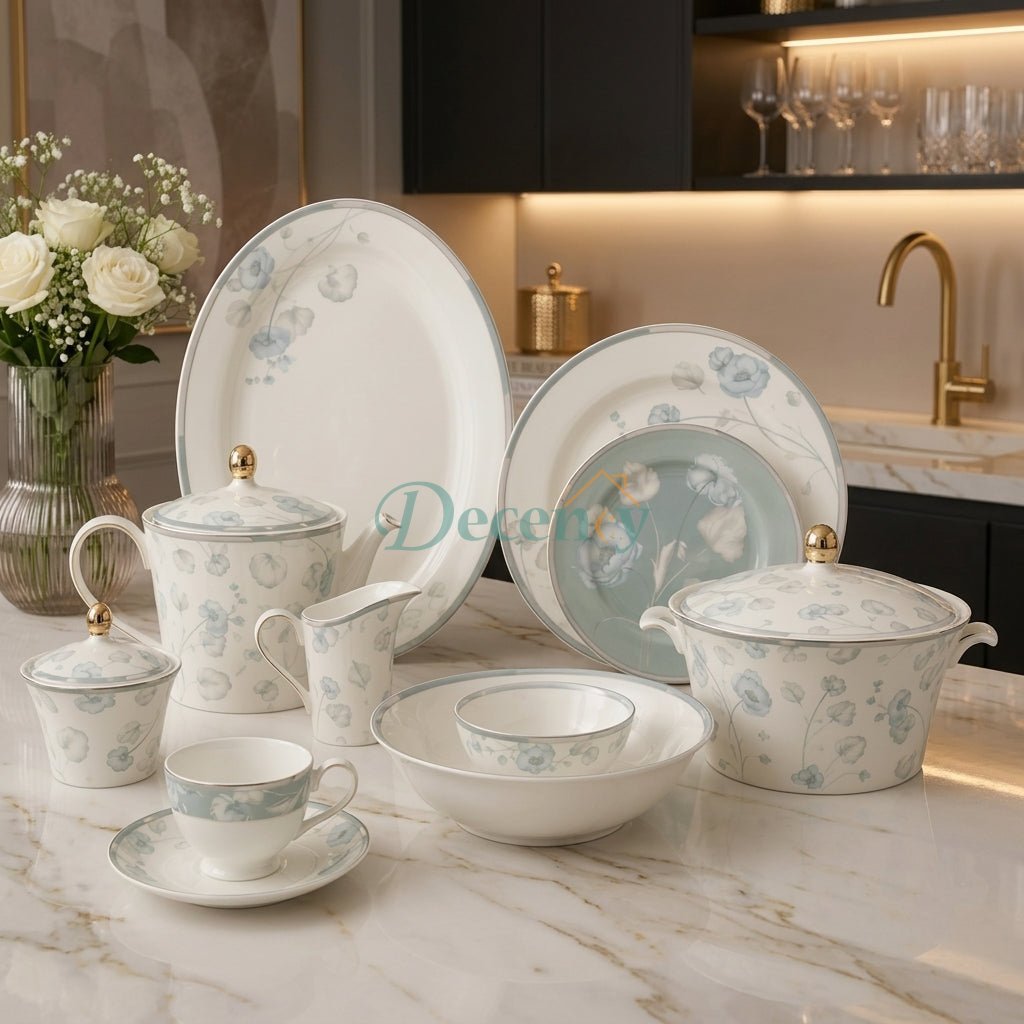 Complete 61-piece Celestial Bloom fine bone china dinner set displayed on a marble dining table.