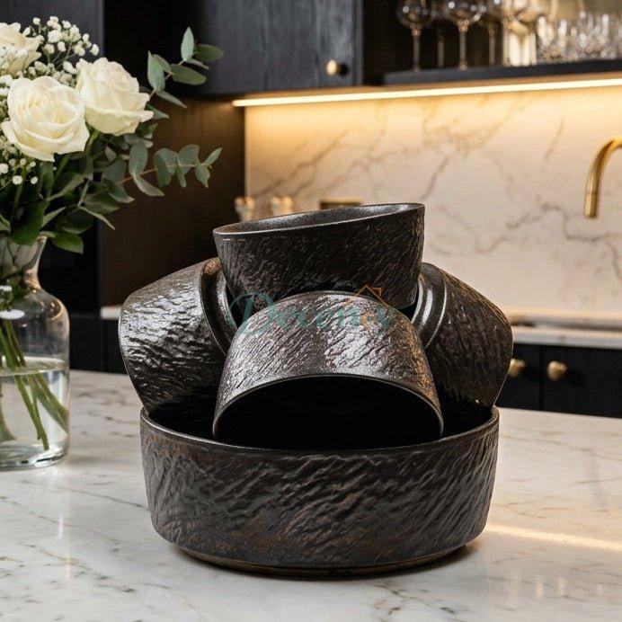 Front view of elegant white textured ceramic soup bowl