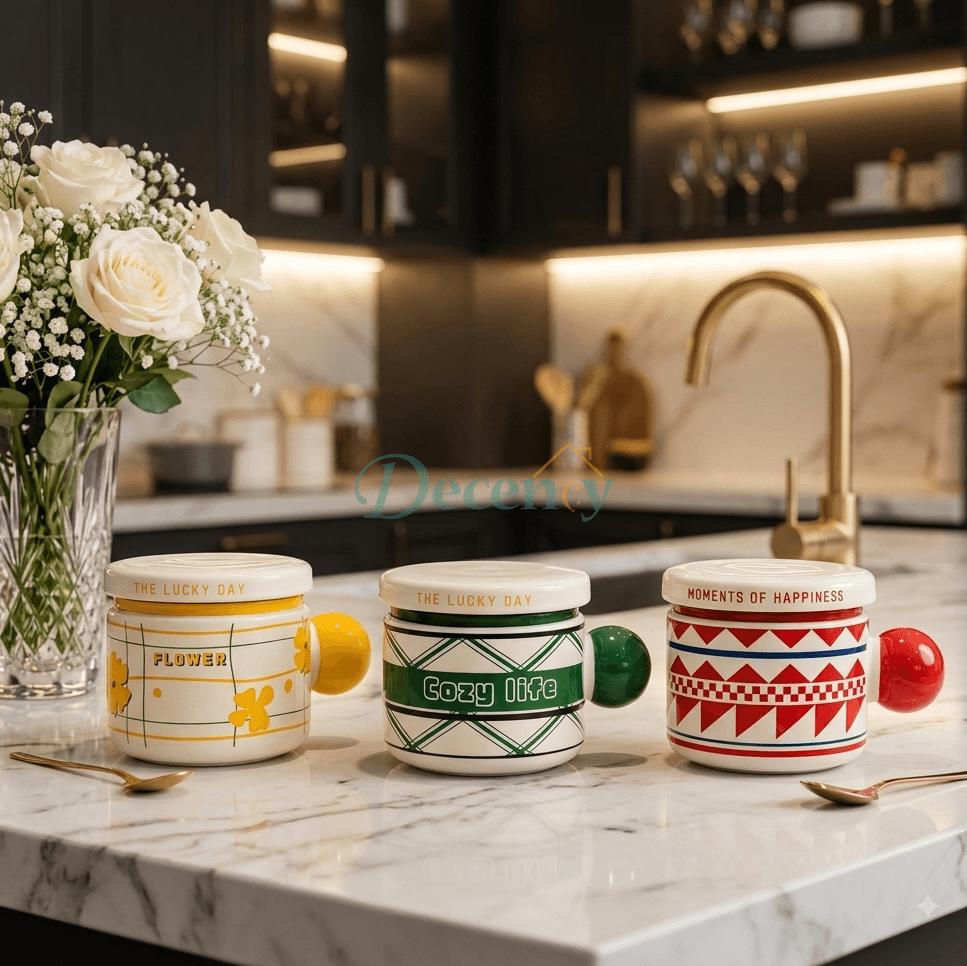 Three aesthetic ceramic tea mugs with lids and round ball handles placed on a modern kitchen counter.