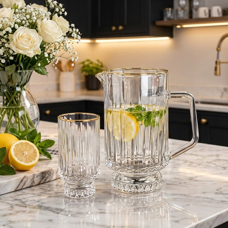 Classic Ribbed Glass Water Set with 1.5L jug and matching drinking glass on a marble kitchen counter