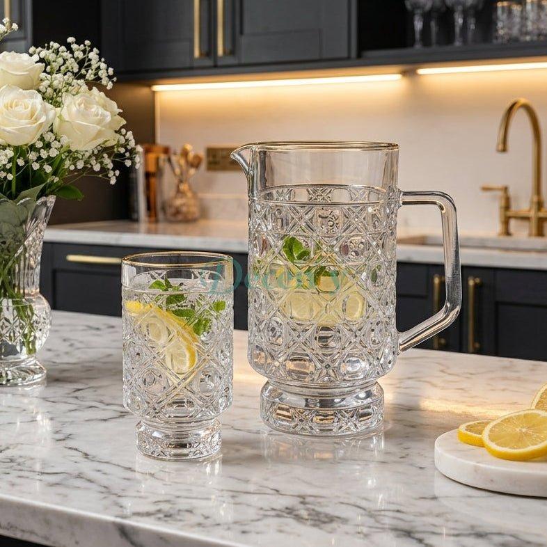 Crystal Geo glass water set featuring a 1.5L jug and matching 250ml glasses on a marble table