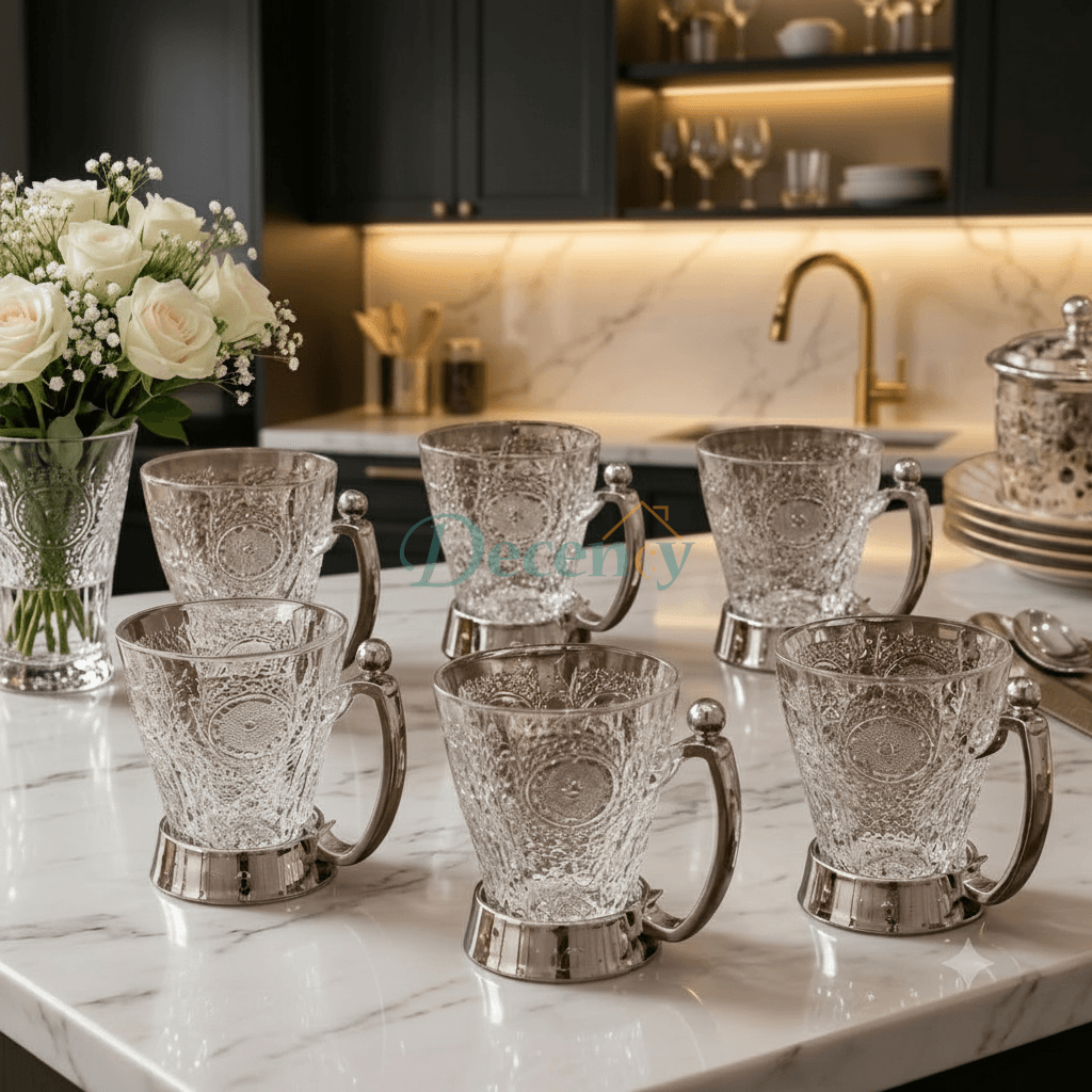 6-piece crystal glass mug set neatly arranged on a sleek stainless steel holder.