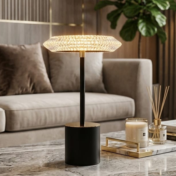 Crystal Halo LED Table Lamp placed on a marble coffee table in a modern living room setting