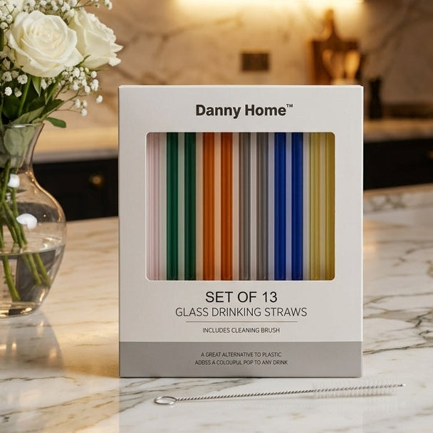 Danny Home 13-piece glass drinking straw set in original packaging box with cleaning brush.