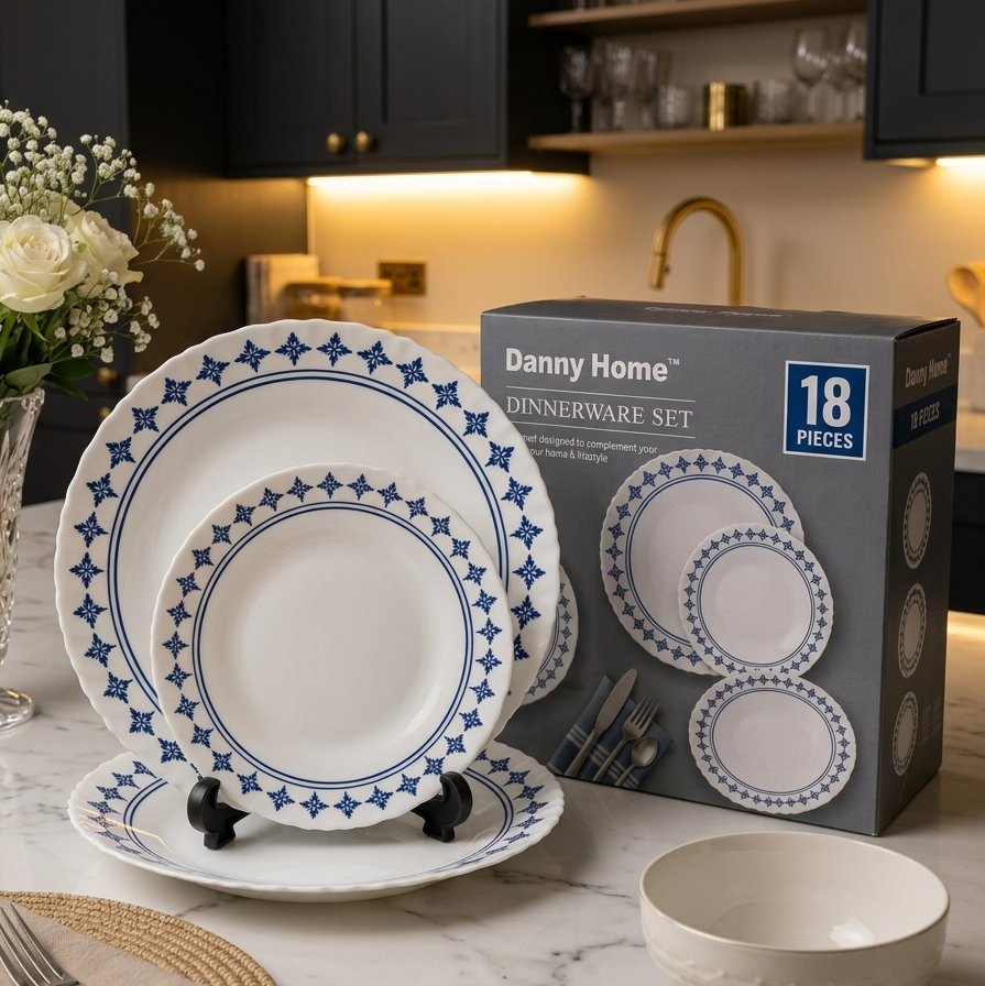 Danny Home 18-piece royal blue floral opal glass dinner set displayed on marble table