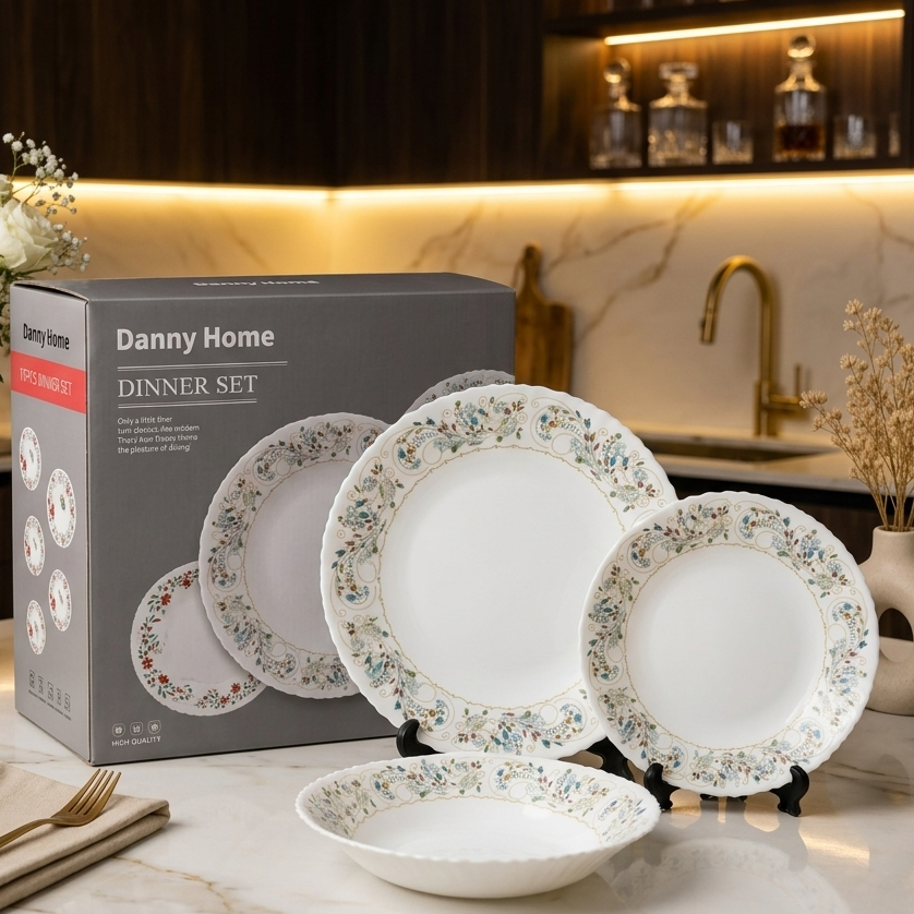 Danny Home 18-piece dinner set in original box packaging displayed on a dining table