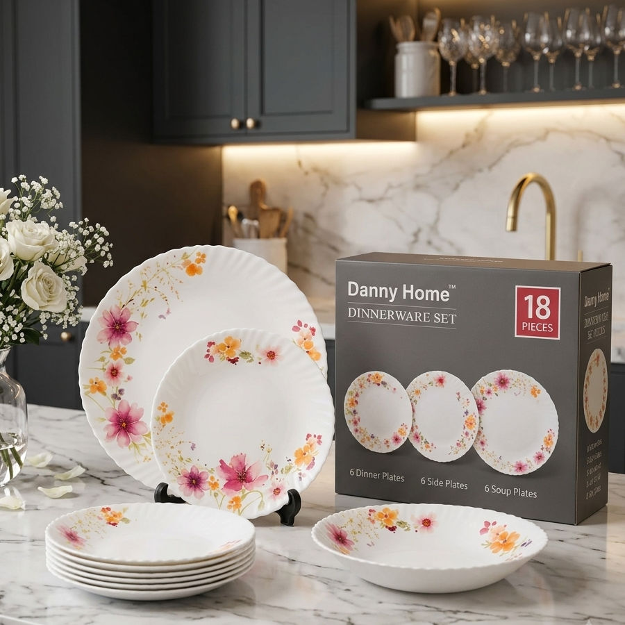 Danny Home 18-piece floral bloom dinnerware set displayed on a marble kitchen counter with packaging box