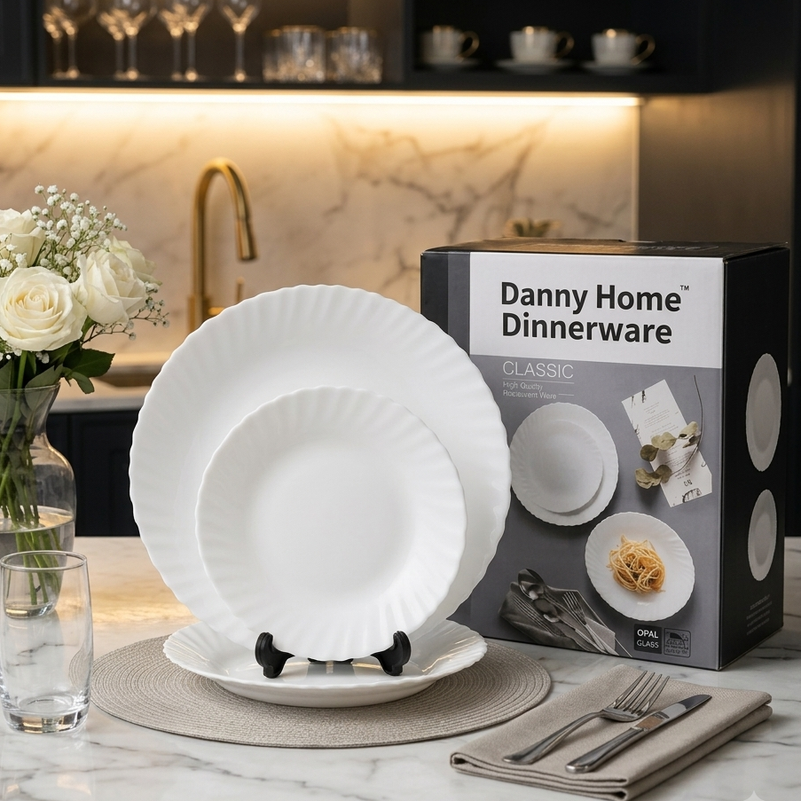 Danny Home 18-piece opal glass dinnerware set displayed on a kitchen table in Pakistan.