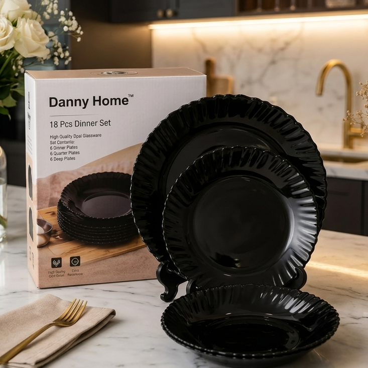 Danny Home 18 piece black opal glass dinner set original box packaging on a marble kitchen counter