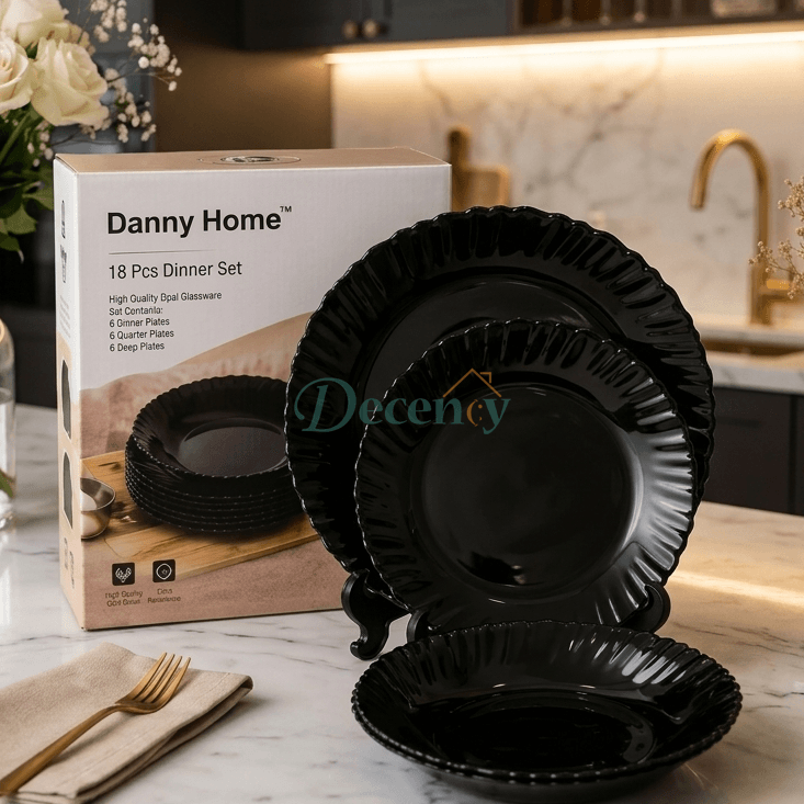 Danny Home 18 piece black opal glass dinner set original box packaging on a marble kitchen counter