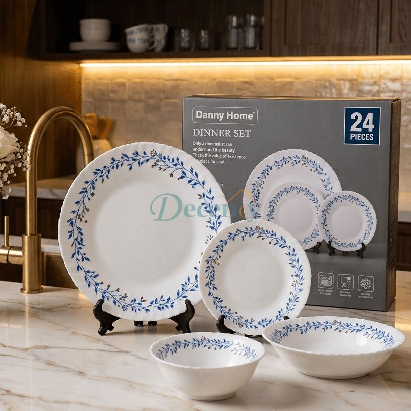 Danny Home 24-piece opalware dinner set with blue vine floral pattern displayed on marble countertop