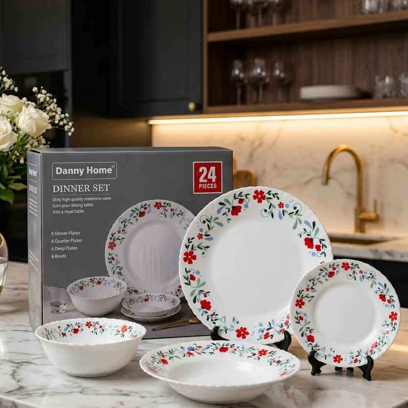 Danny Home 24-piece floral melamine dinner set displayed on a marble kitchen counter
