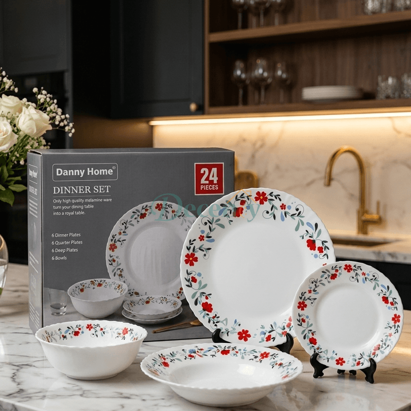 Danny Home 24-piece floral melamine dinner set displayed on a marble kitchen counter