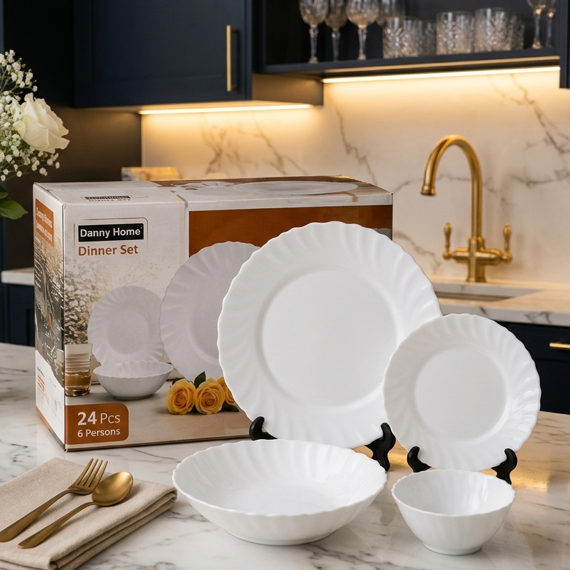Danny Home 24-piece White Swirl opal glass dinner set displayed with packaging box