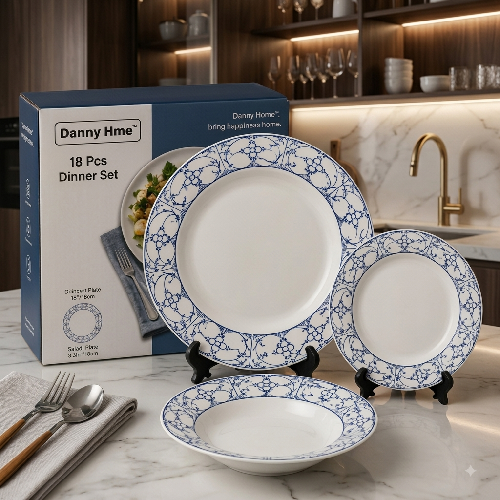 Danny Home deep soup plate with blue geometric pattern on display stand