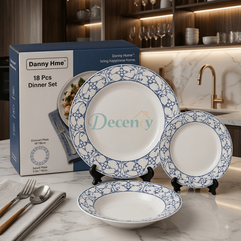 Danny Home deep soup plate with blue geometric pattern on display stand