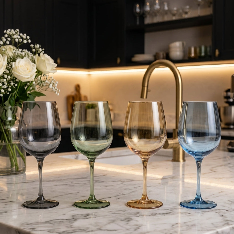 Danny Home 4-piece colored goblet glassware set 450ml on marble kitchen counter