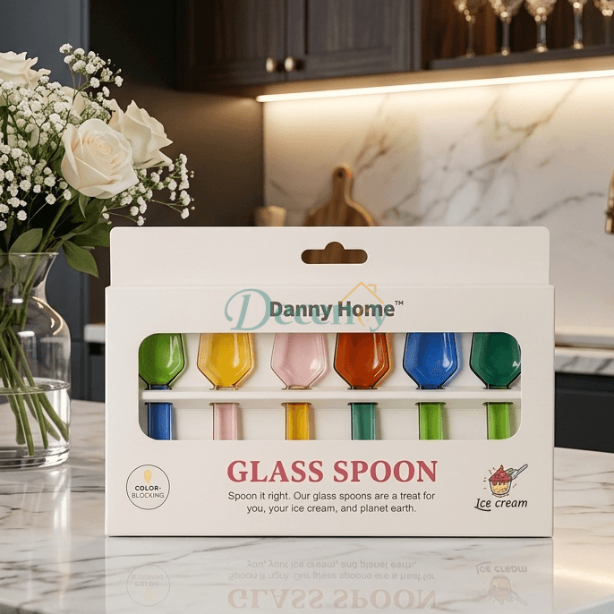 Danny Home packaging featuring a set of 6 colorful glass ice cream spoons on a modern kitchen counter.