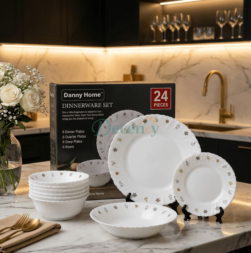 Danny Home Floral Elegance 24-piece dinner set displayed on a marble kitchen counter with flower vase.