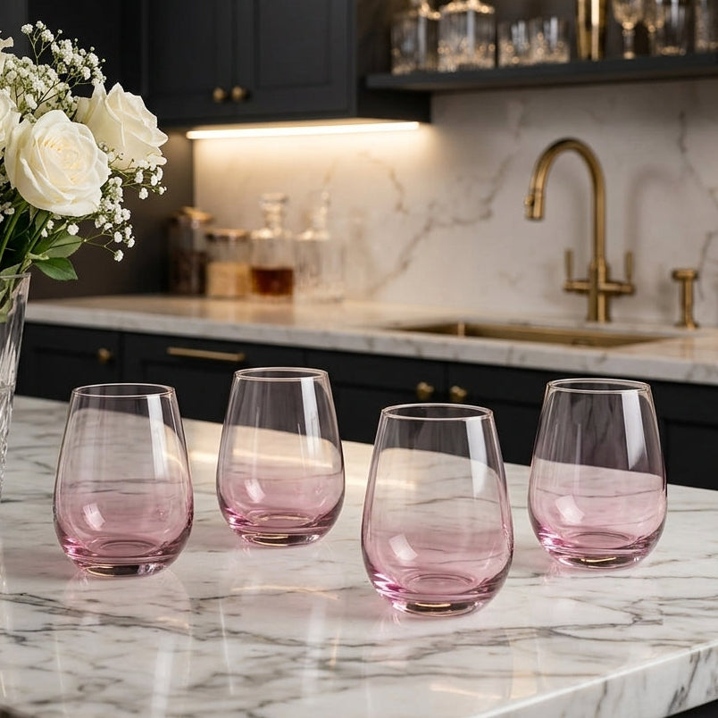 Danny Home Rose Pink Gradient Glassware Set 330ml pack of 4 on a marble dining counter