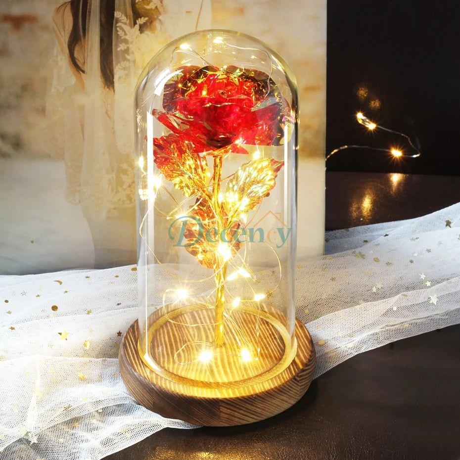 Glass Dome with LED Light Wood Lamp