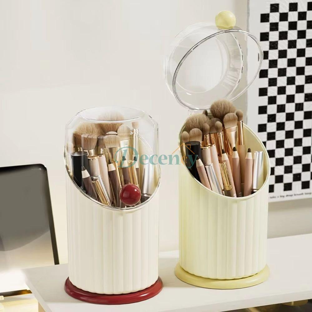 "Large capacity makeup brush storage box with clear dust-proof lid and divided compartments for organizing cosmetic tools"