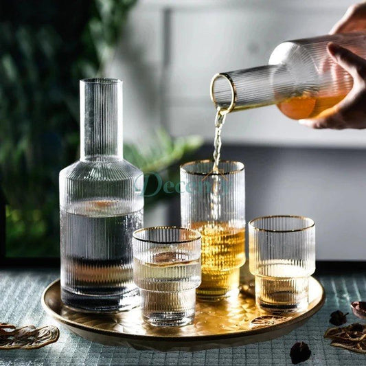 Jug and Glass Water Sets of 5- Vertical Stripe Fluted Bottom Design