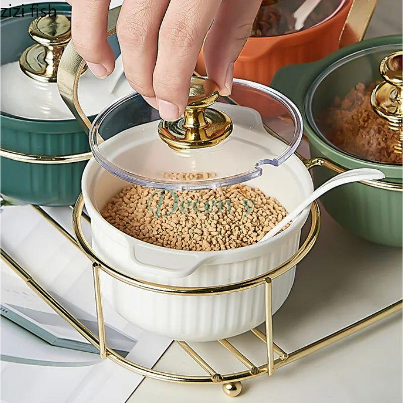 4 Pcs Luxury Seasoning Jar Set With Golden Iron Stand