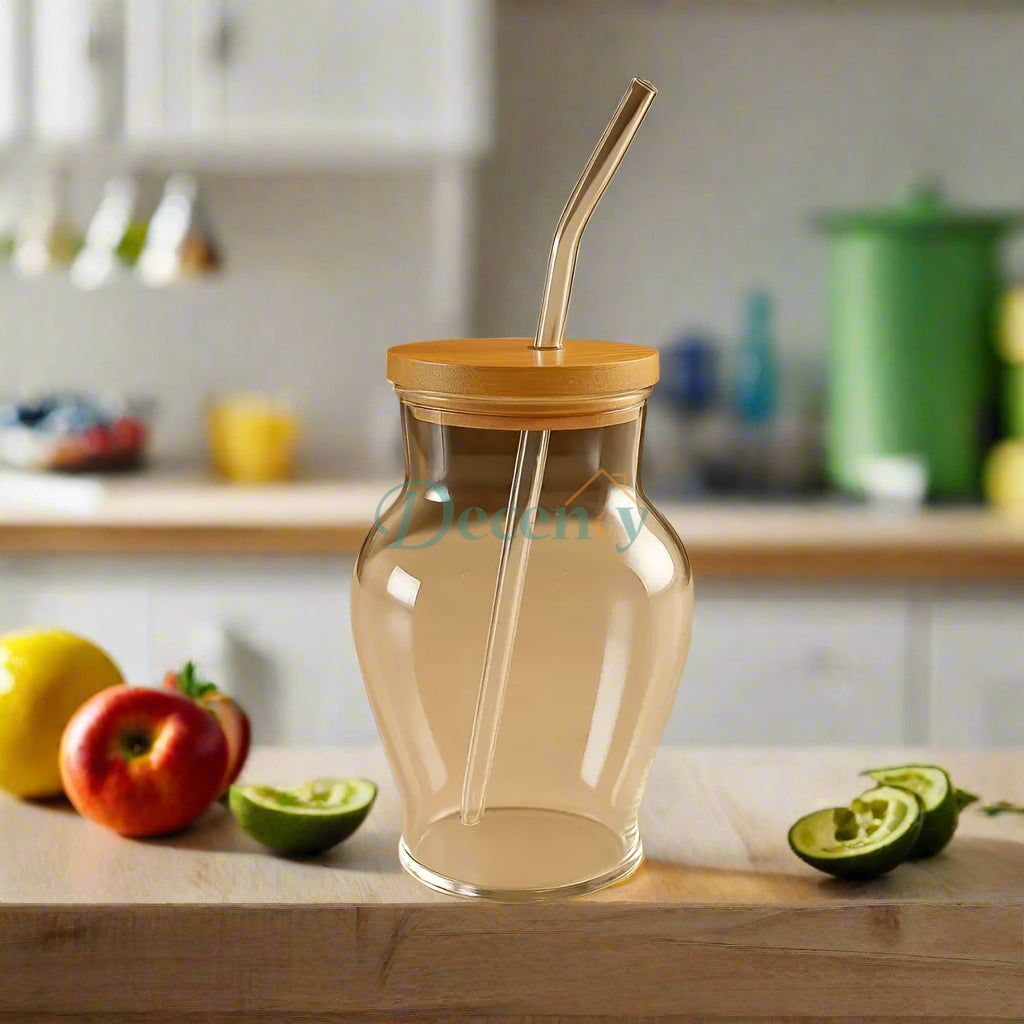 Blossom Glass Cup with Glass Straw and Lid