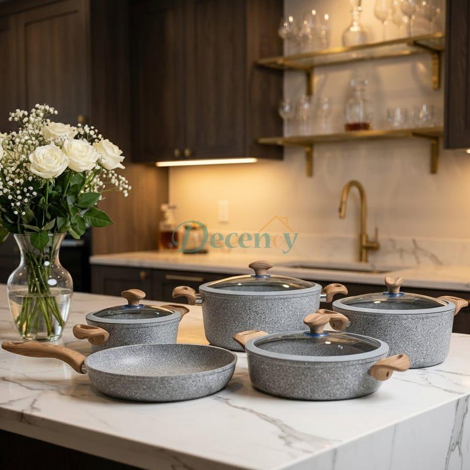 Falez 9-piece granite cookware set made in Turkey displayed together