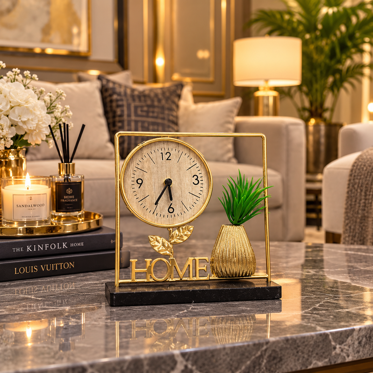 Luxury gold metal table clock featuring a round wooden dial, artificial plant, and HOME text on a black base.