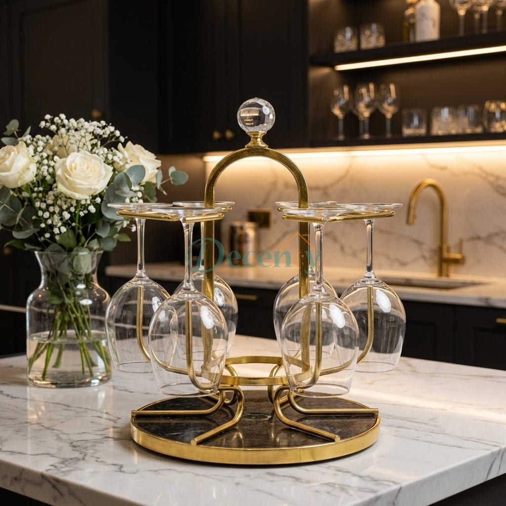 Luxury brass gold wine glass holder stand with 6 clear glass goblets on a marble kitchen counter.