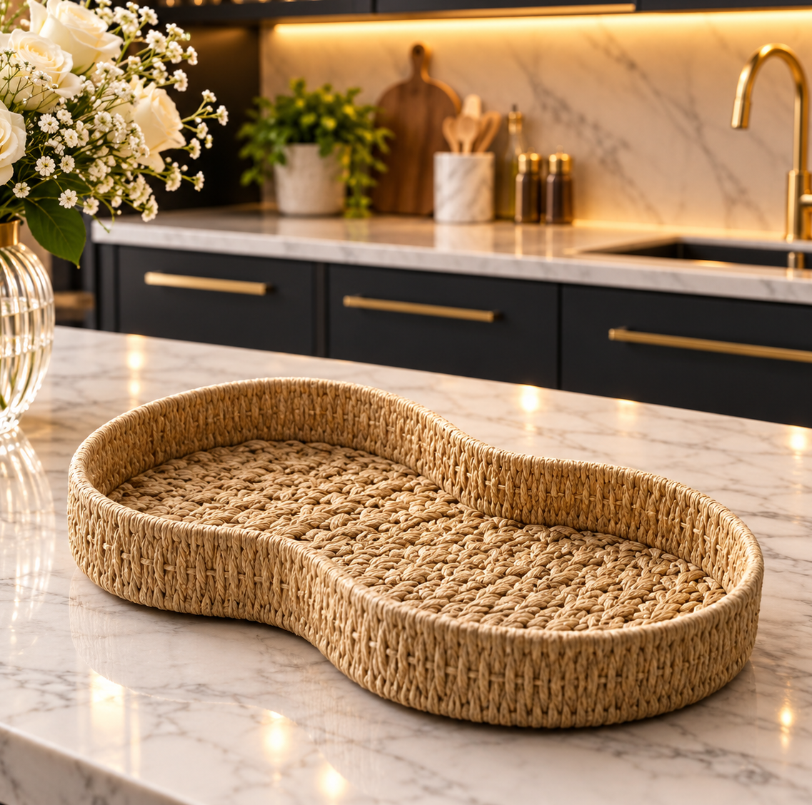 Handwoven peanut-shape natural rattan serving tray placed on a marble kitchen island.