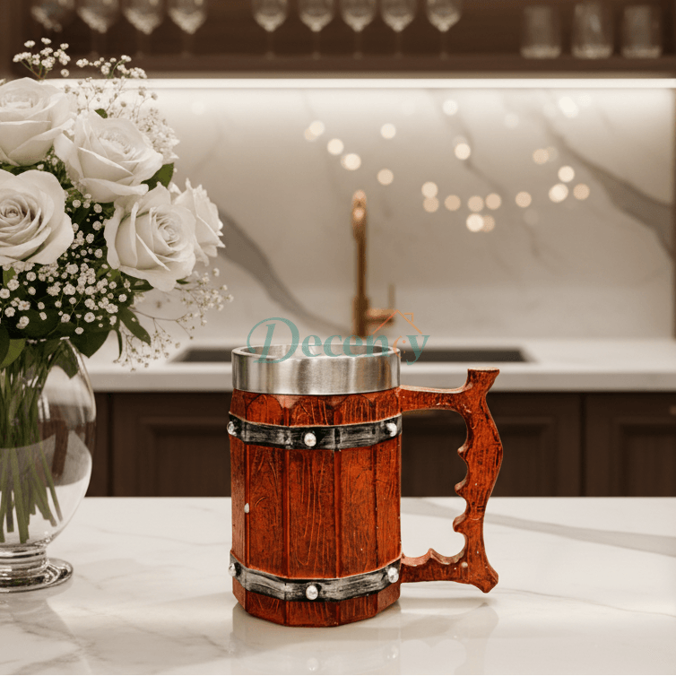 Heritage 500ml wooden barrel mug with rustic finish on table